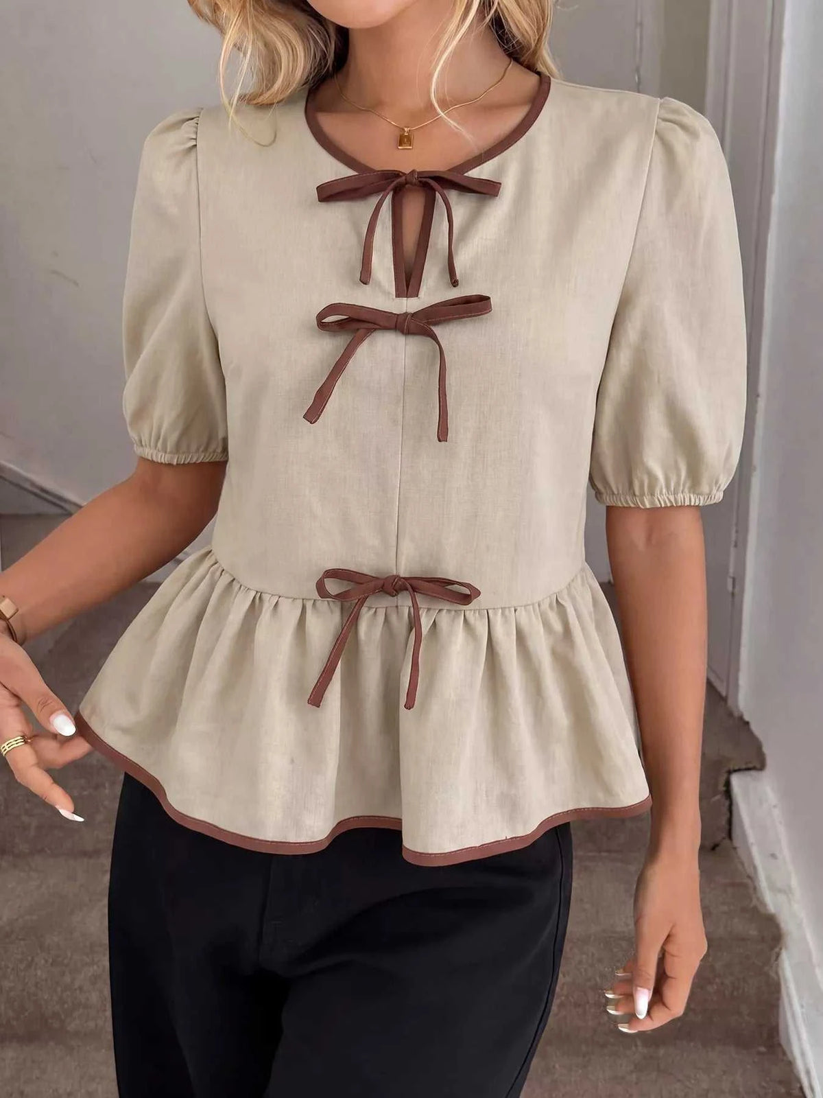 Bow Front Ruffle Hem Blouse 100100997890523 28 Affordable Fashion Under $100 Jerry's Apparel 