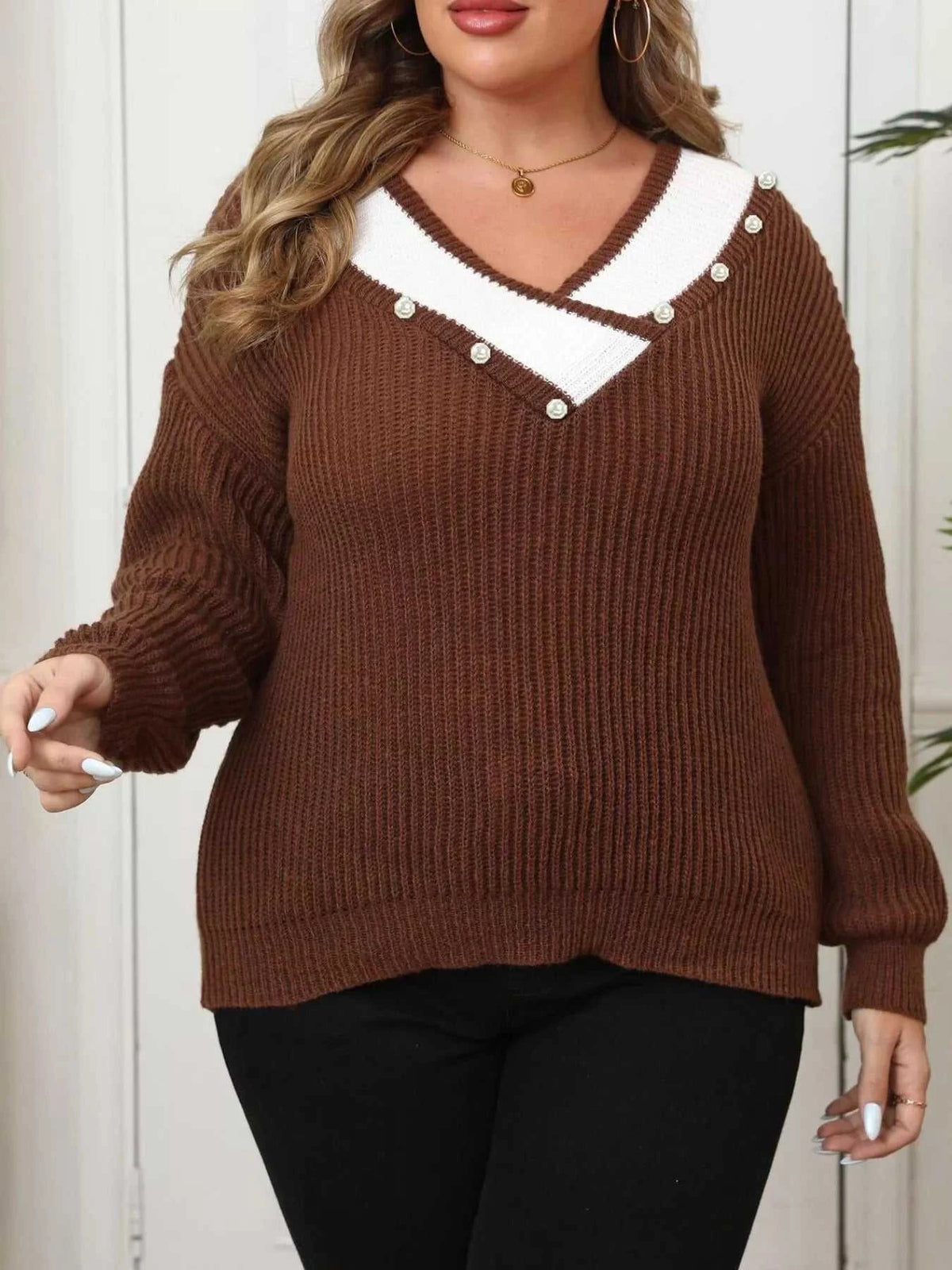 Plus Size Contrast Trim Button-Decorated Sweater 101002671808659 34 Affordable Fashion Under $100 Jerry's Apparel 