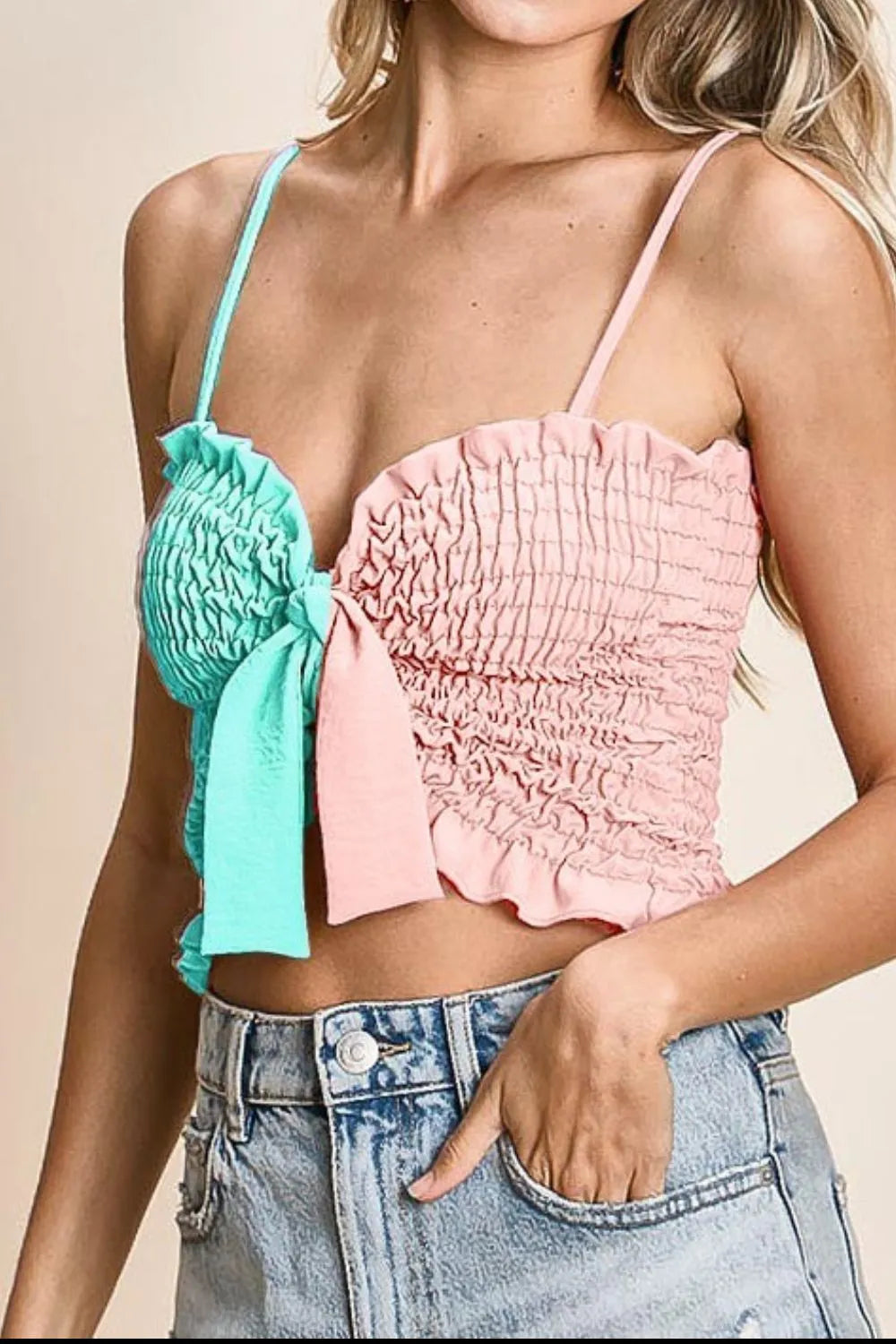 BiBi Woven Color Block Smocked with Ribbon Bra Top