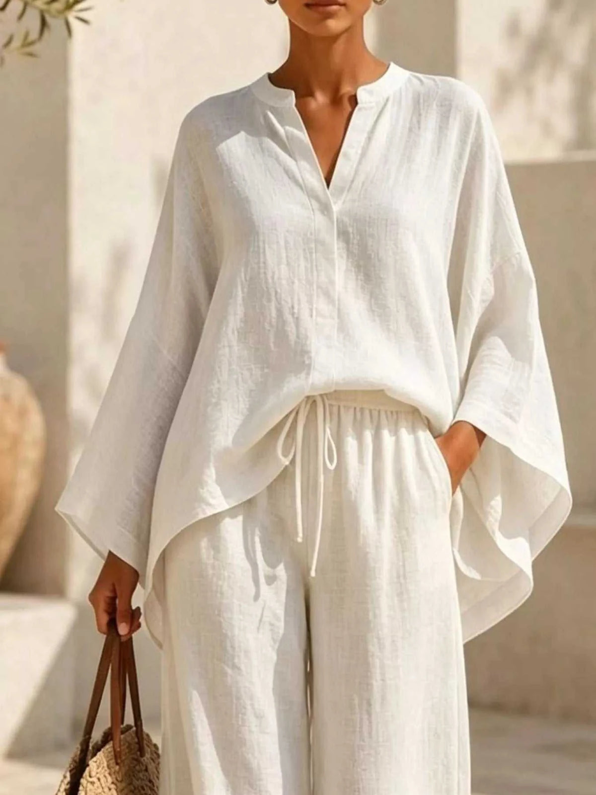 Full Size Notched Long Sleeve Top and Wide-Leg Pants Set Plus Size 100100051091822 45 Affordable Fashion Under $100 Jerry's Apparel 