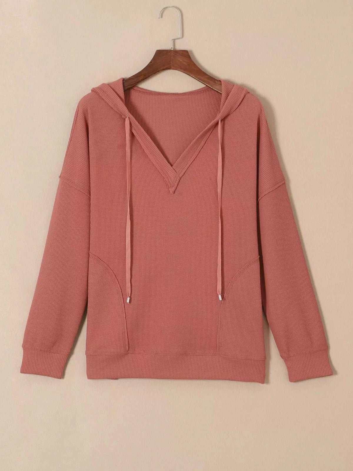 Drawstring V-Neck Waffle Knit Casual Hoodie 100100700285845 53 Affordable Fashion Under $100 Jerry's Apparel 
