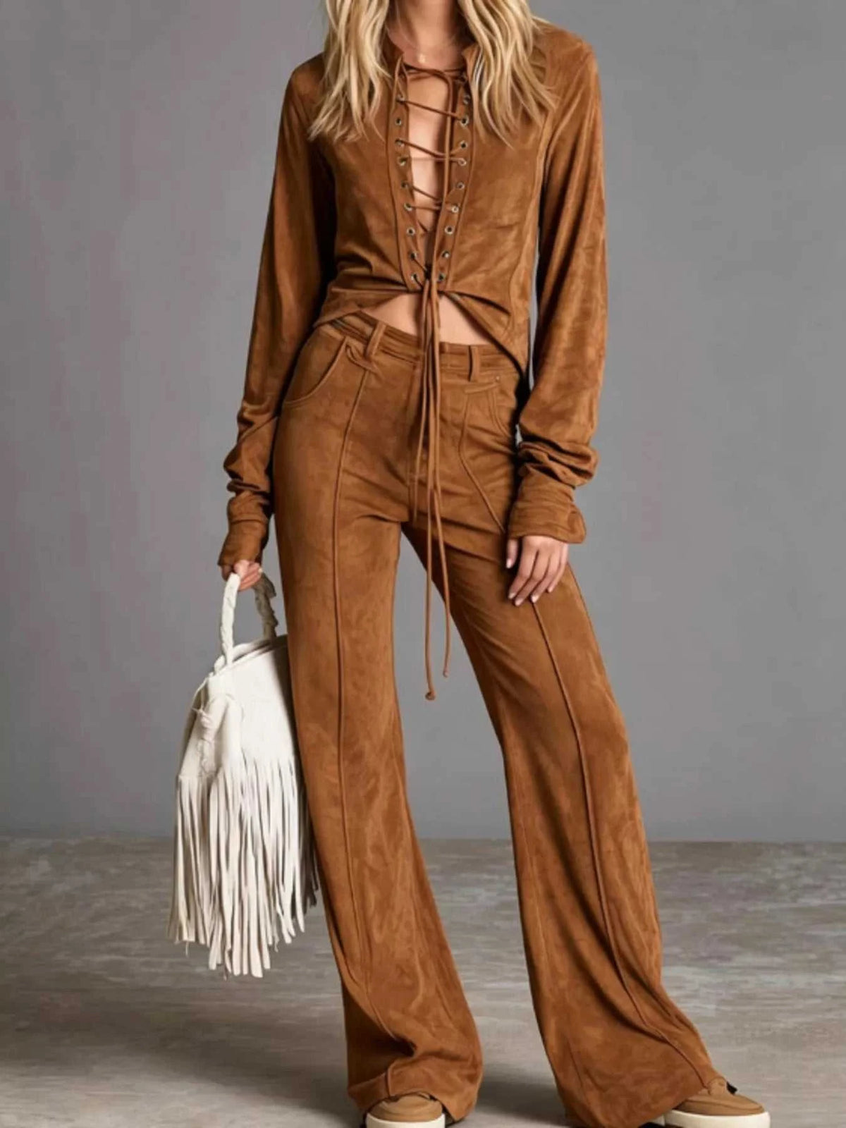 Full Size Lace-Up Long Sleeve Top and Wide-Leg Pants Set Plus Size 101001057963261 65 Affordable Fashion Under $100 Jerry's Apparel 