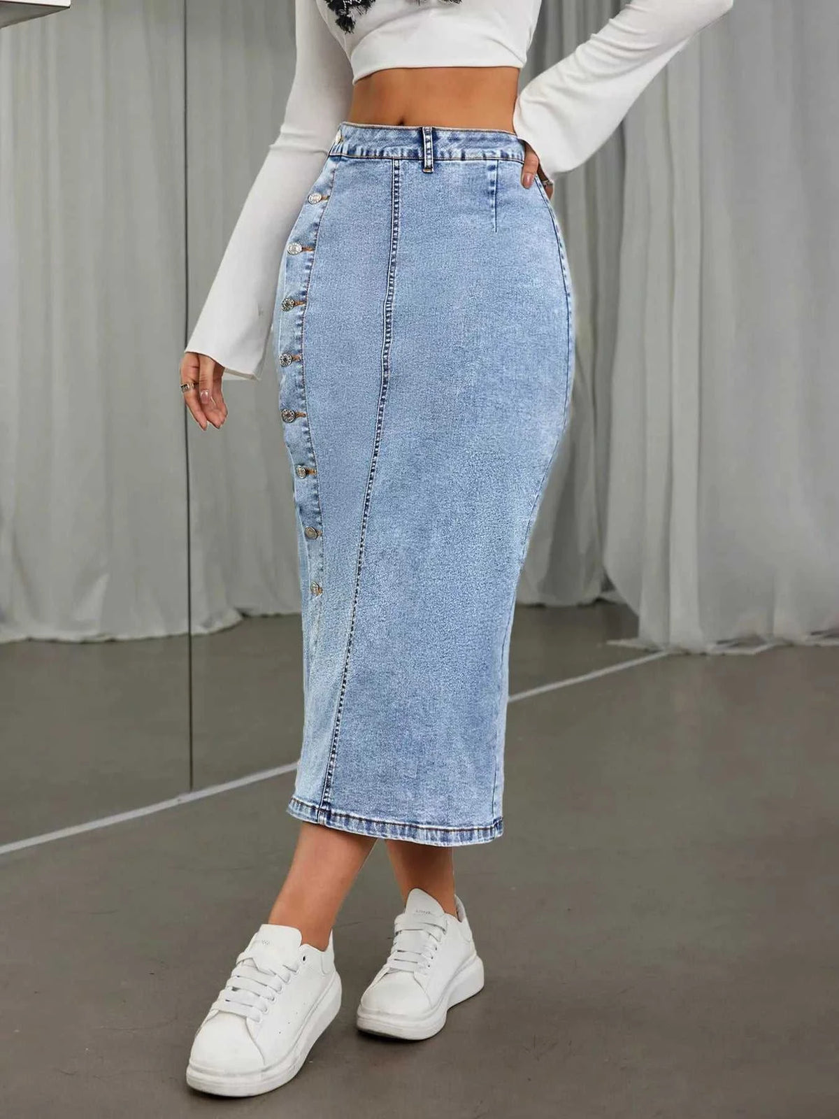 Side Button Slit Denim Midi Skirt 101003199361379 43 Women's Skirts Affordable Fashion Under $100 Jerry's Apparel 
