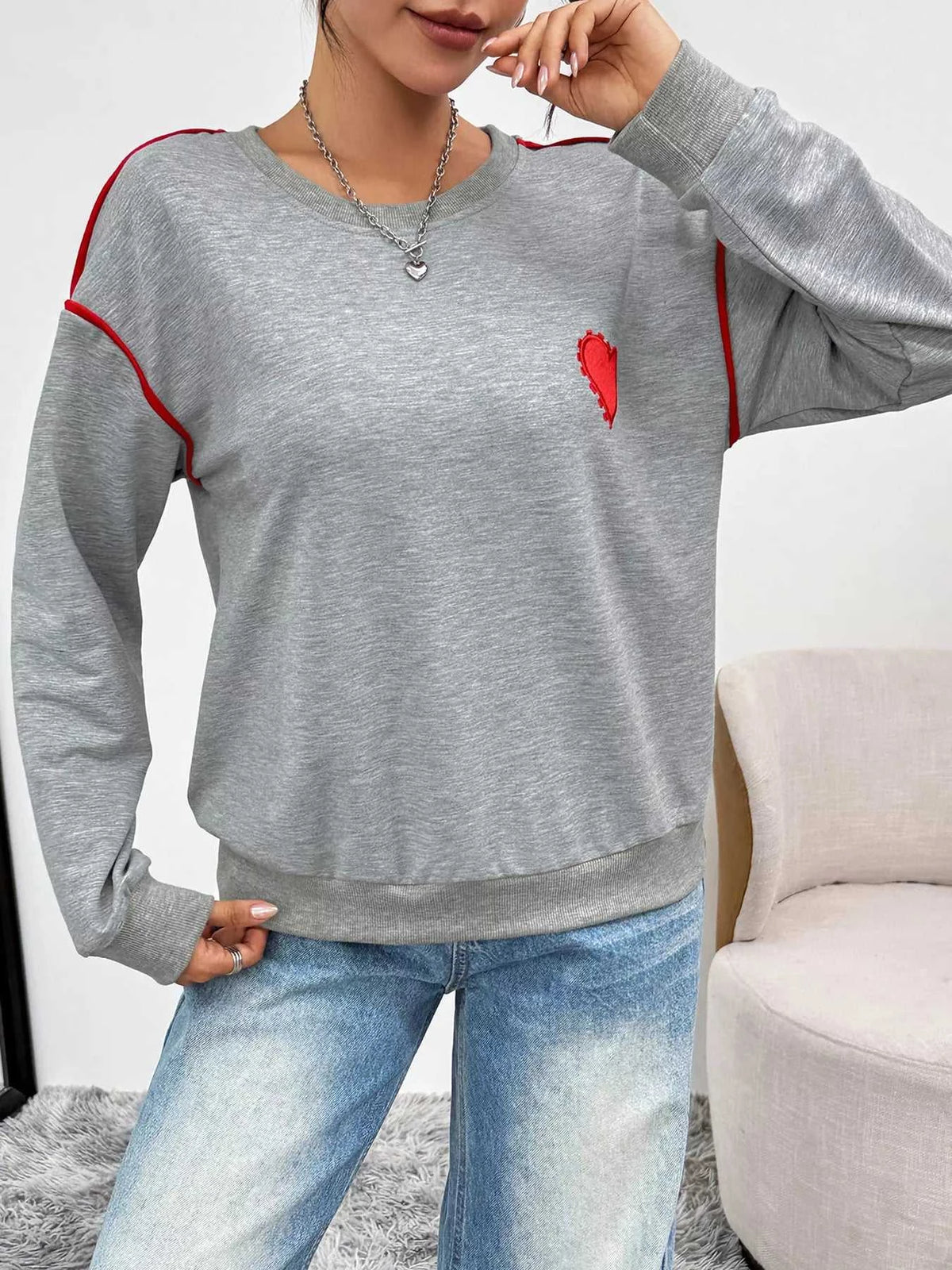 Heart Embroidered Round Neck Sweatshirt 100100424286744 35 Affordable Fashion Under $100 Jerry's Apparel 
