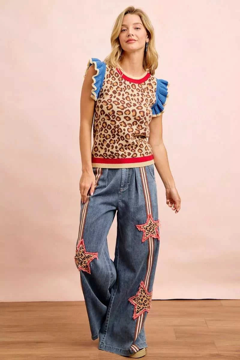 BiBi 4th Of July Leopard Ruffled Detail Knit Top 100100300891355 43 Affordable Fashion Under $100 Jerry's Apparel 