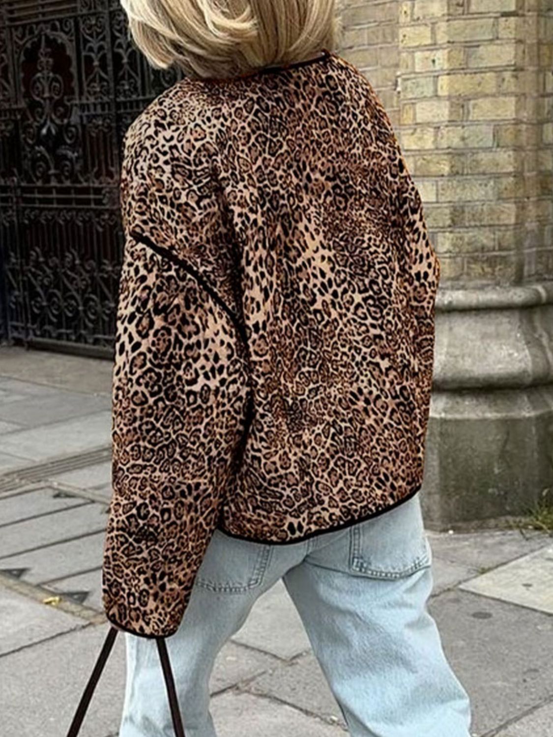 Perfee Leopard Open Front Long Sleeve Jacket