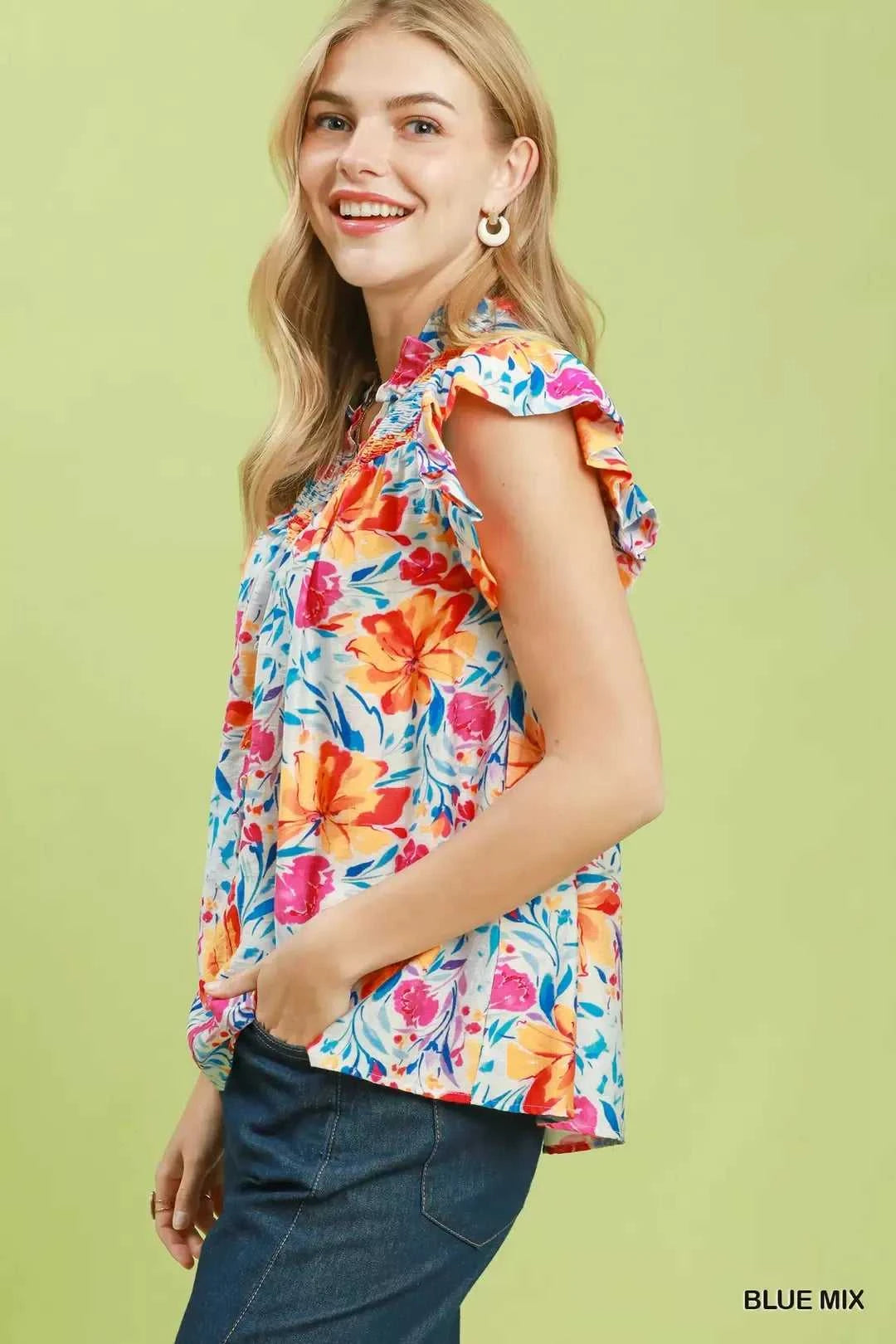Umgee Smocked Yoke Ruffle Sleeve Floral Blouse 100100164031720 51 Affordable Fashion Under $100 Jerry's Apparel 
