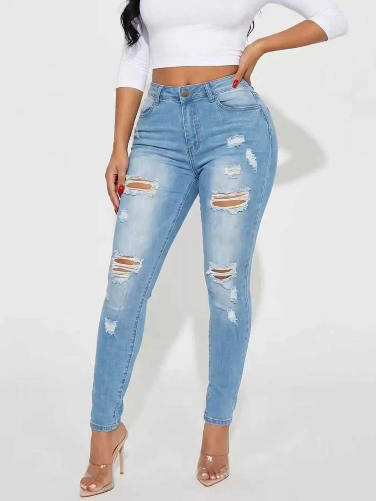 High-Waisted Distressed Skinny Jeans 101003709636482 44 Affordable Fashion Under $100 Jerry's Apparel 