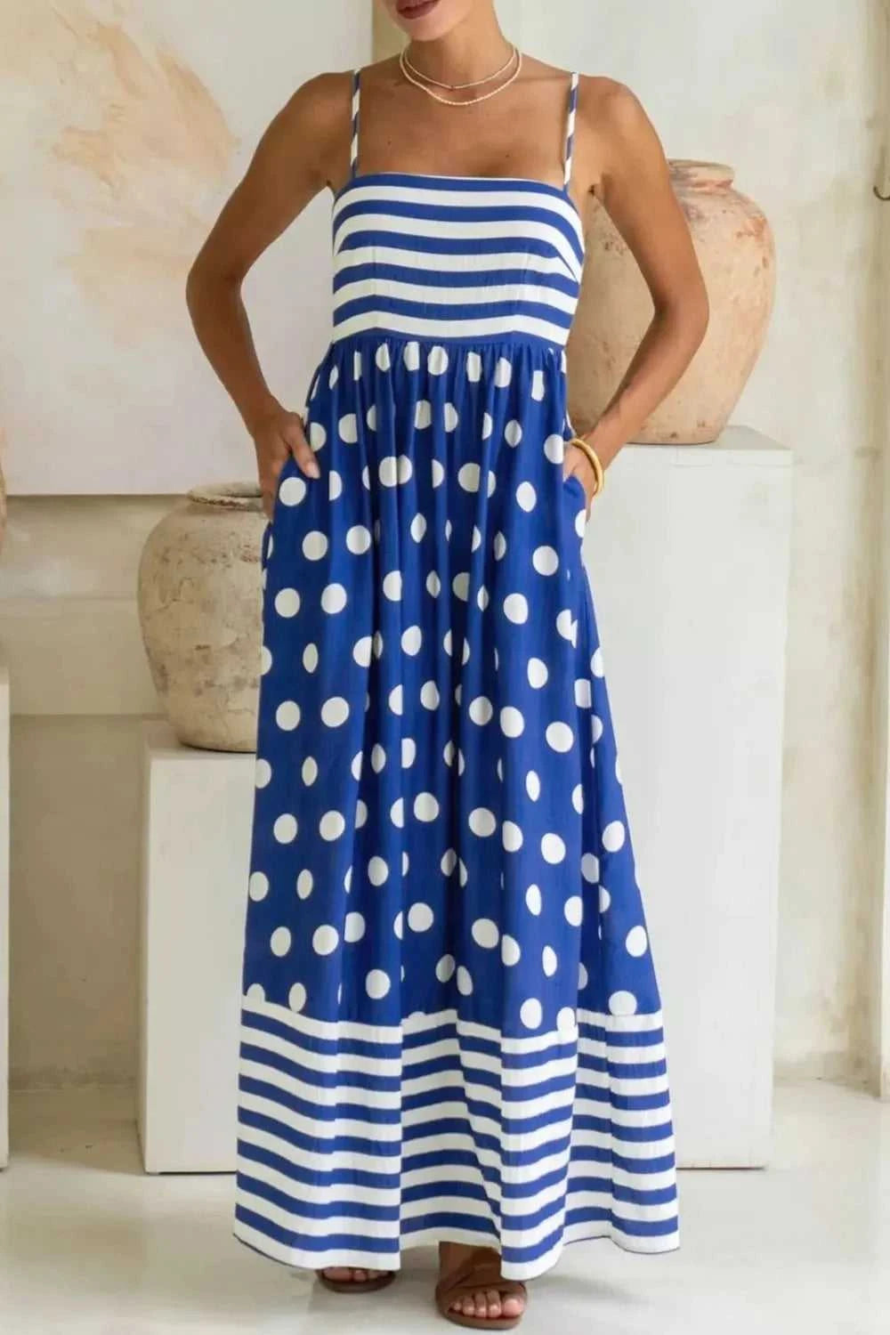 Striped Polka Dot Patchwork High Waist Spaghetti Straps Maxi Dress 100100896667563 47 Affordable Fashion Under $100 Jerry's Apparel 
