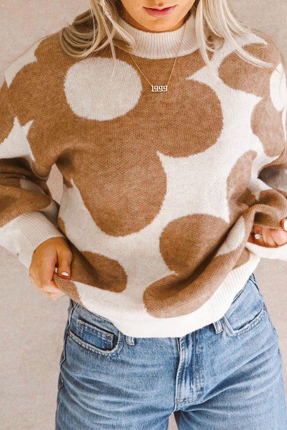 Contrast Flower Mock Neck Long Sleeve Sweater