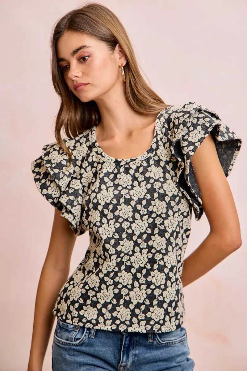 BiBi Floral Jacquard Ruffle Sleeves Knit Top 100100264791752 46 Affordable Fashion Under $100 Jerry's Apparel 