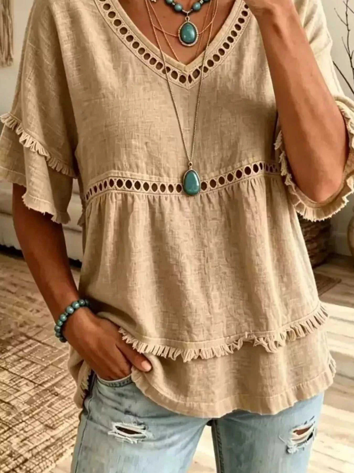 Eyelet V-Neck Frayed Edge T-Shirt 101001102955340 33 Affordable Fashion Under $100 Jerry's Apparel 