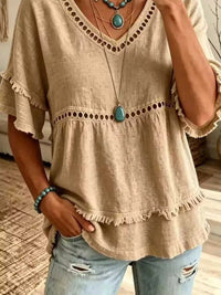 Eyelet V-Neck Frayed Edge T-Shirt 101001102955340 33 Affordable Fashion Under $100 Jerry's Apparel 