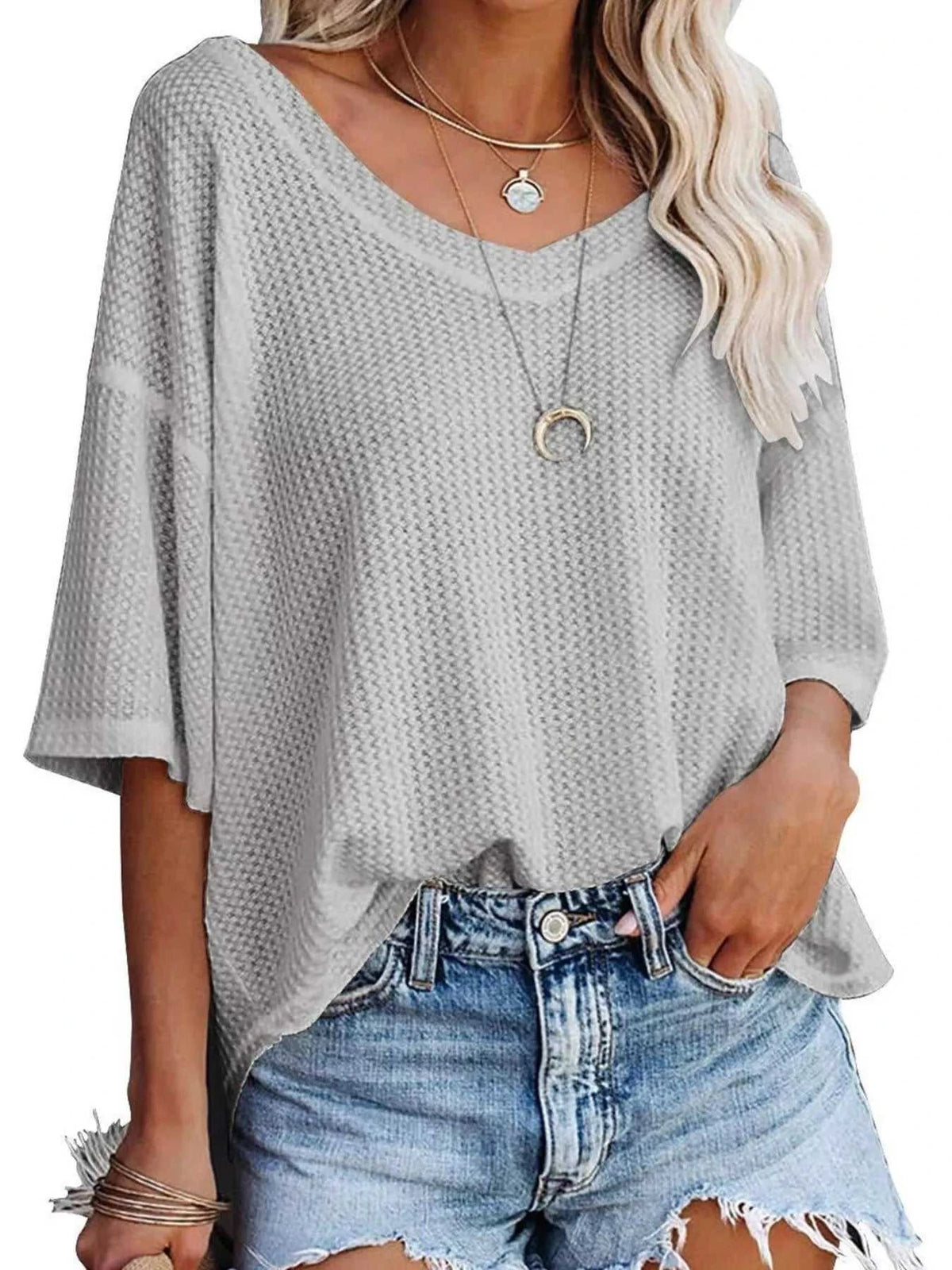Waffle Knit V-Neck Short Sleeve T-Shirt 100100993990875 26 Affordable Fashion Under $100 Jerry's Apparel 