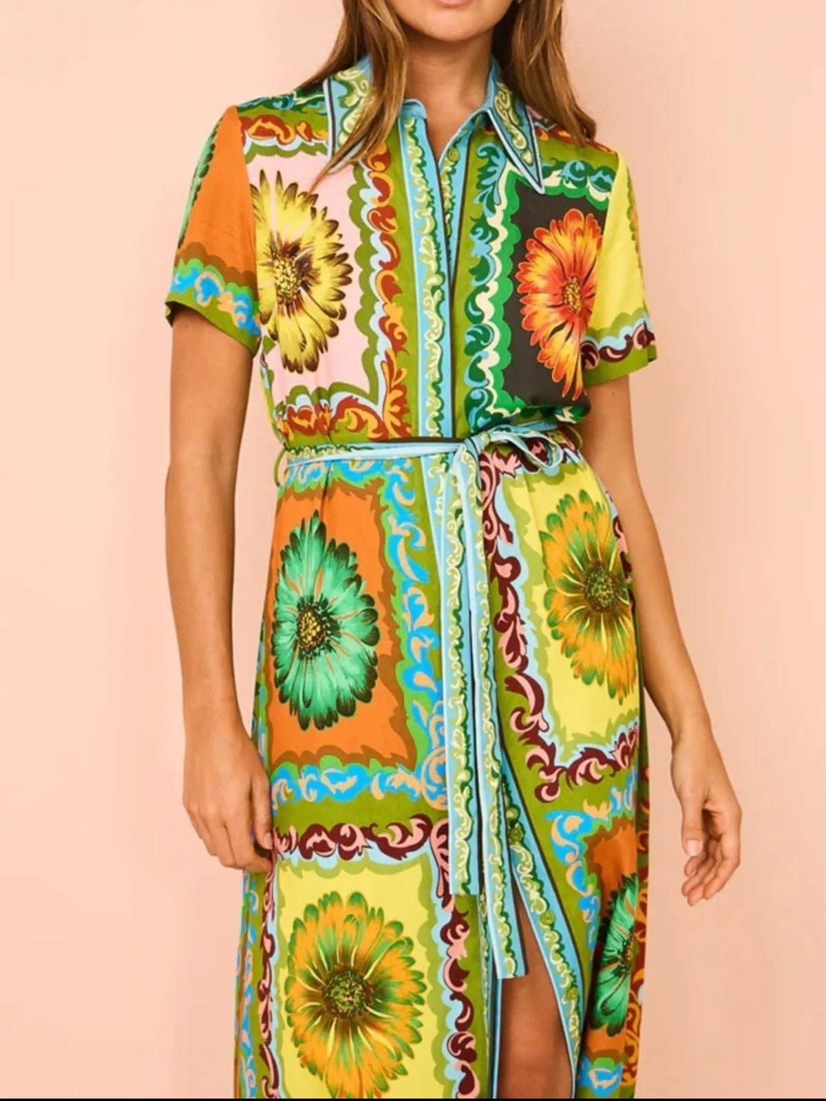 Printed Maxi Shirt Dress with Belt