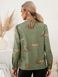 Ivy Lane Leopard Graphic Mock Neck Puff Sleeve Blouse