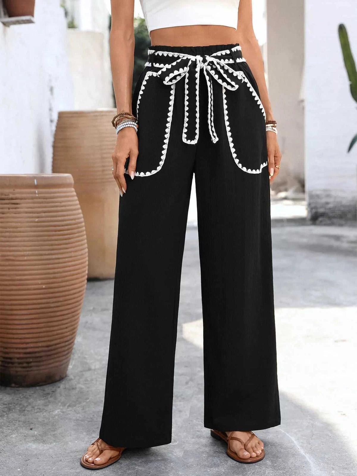 Crochet Trim Tie Waist Wide Leg Pants 100100132087397 35 Affordable Fashion Under $100 Jerry's Apparel 