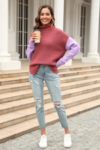 Angel Wings Color Block Turtleneck Slit Sweater