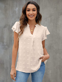 Swiss Dot Notched Flutter Sleeve Blouse