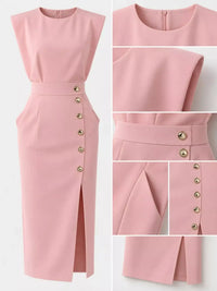 Sleeveless Midi Dress with Gold Button Detail and Side Slit 101001590890082 42 Affordable Fashion Under $100 Jerry's Apparel 