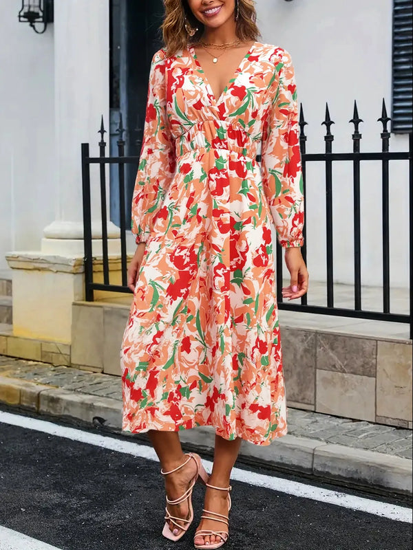 Floral Long Sleeve Wrap Midi Dress
