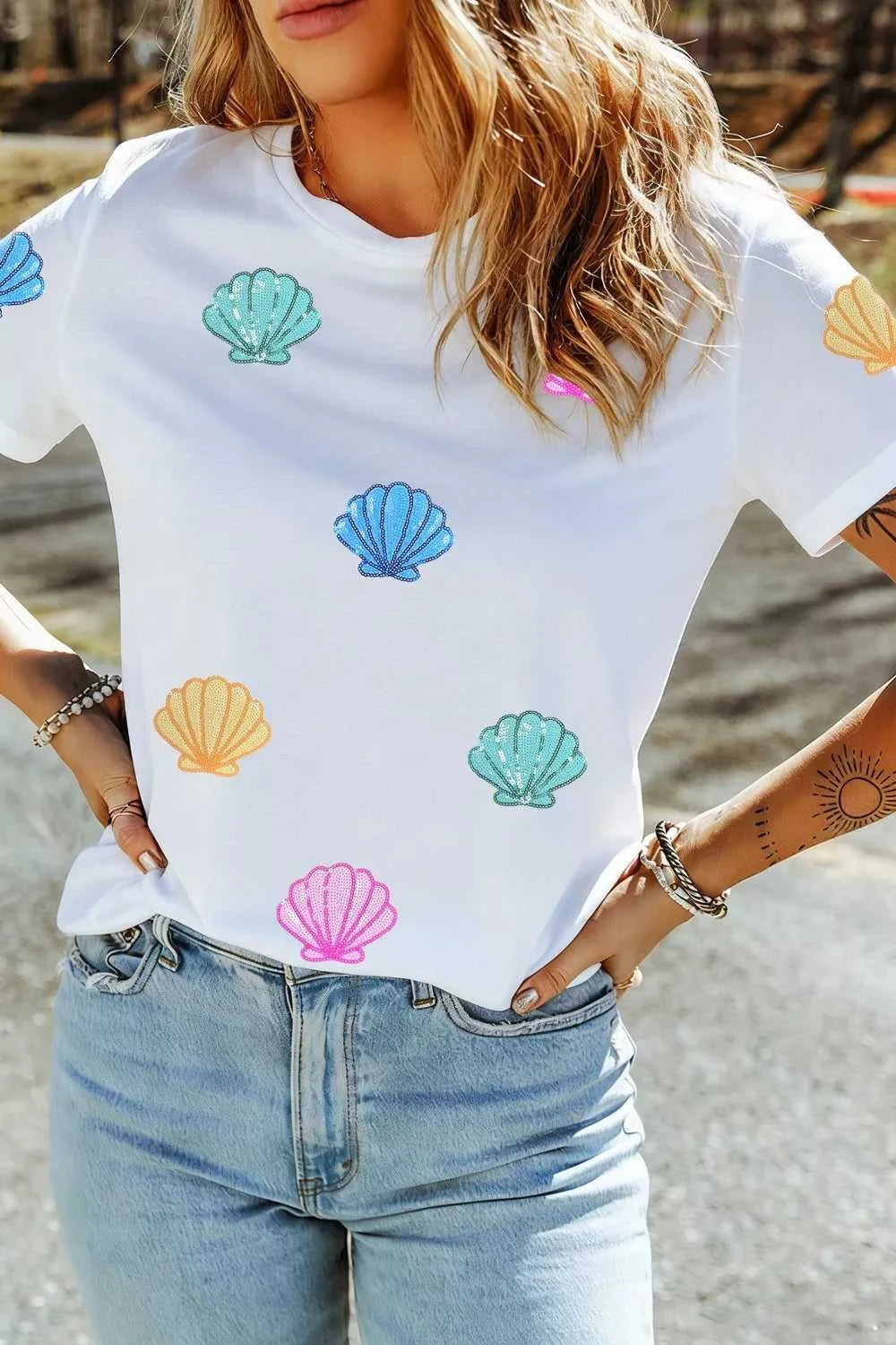 Sequin Shell Graphic Summer Loose T Shirt 100100333002381 36 Affordable Fashion Under $100 Jerry's Apparel 