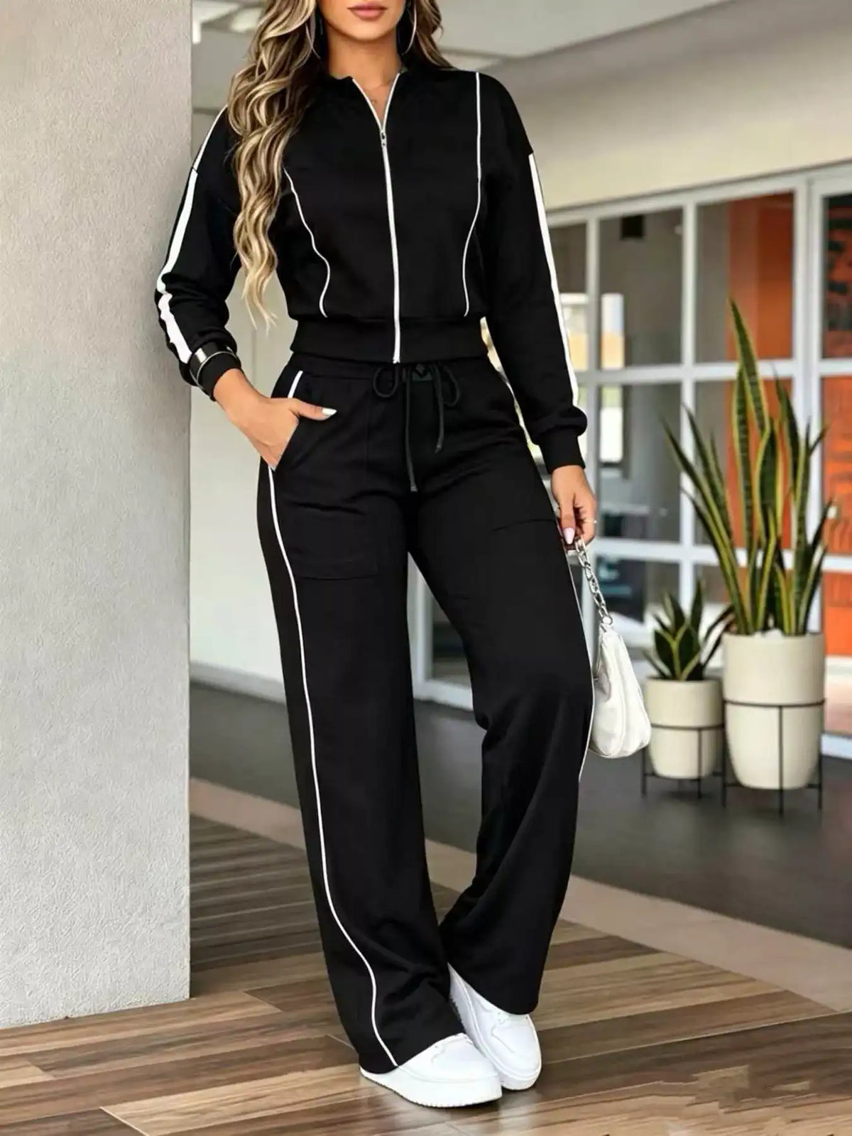 Contrast Zip Up Top and Pants Set 101001108404427 81 Affordable Fashion Under $100 Jerry's Apparel 