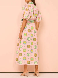 Printed Puff Sleeve Midi Shirt Dress