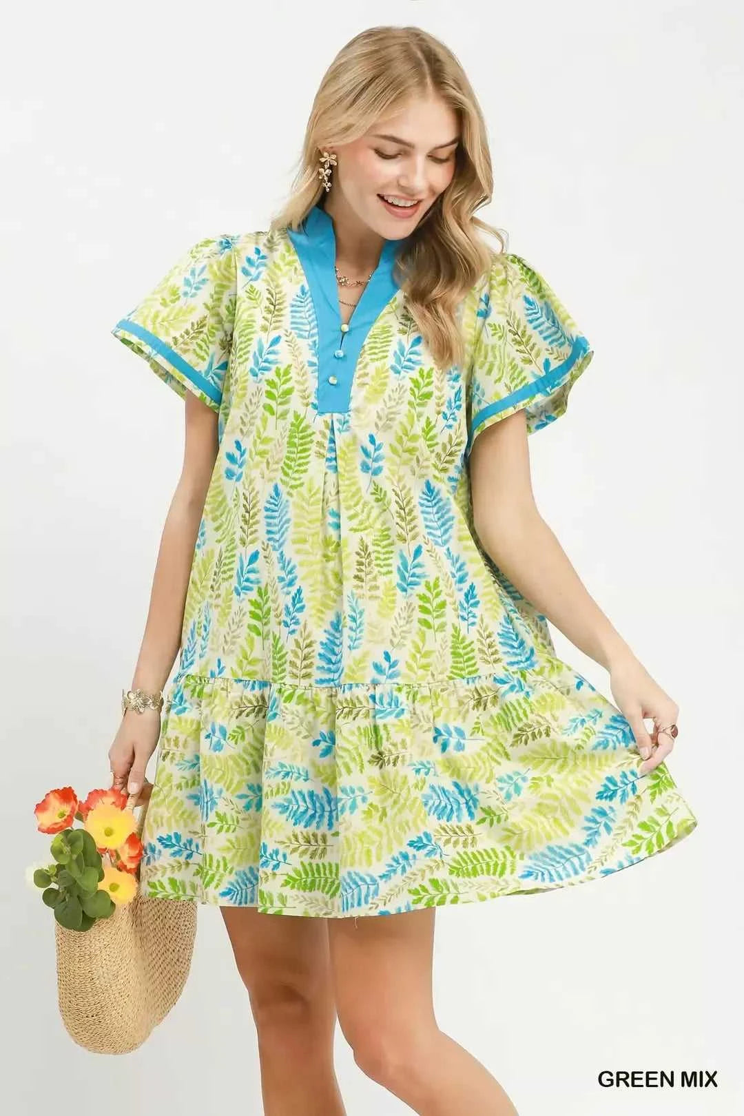 Umgee Leaf Print Flutter Sleeve Tiered Mini Dress 100100227411005 64 Affordable Fashion Under $100 Jerry's Apparel 