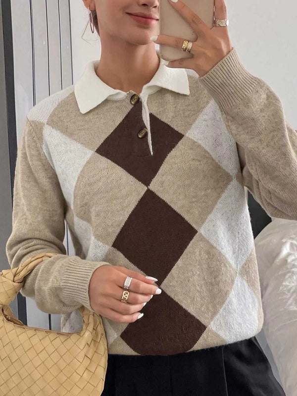 Argyle Patterned Polo Collar Sweater 100100843351655 54 Affordable Fashion Under $100 Jerry's Apparel 