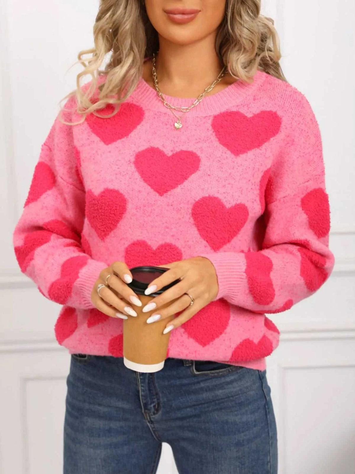 Valentine's Day Heart Pattern Round Neck Sweater 100100539364002 49 Affordable Fashion Under $100 Jerry's Apparel 
