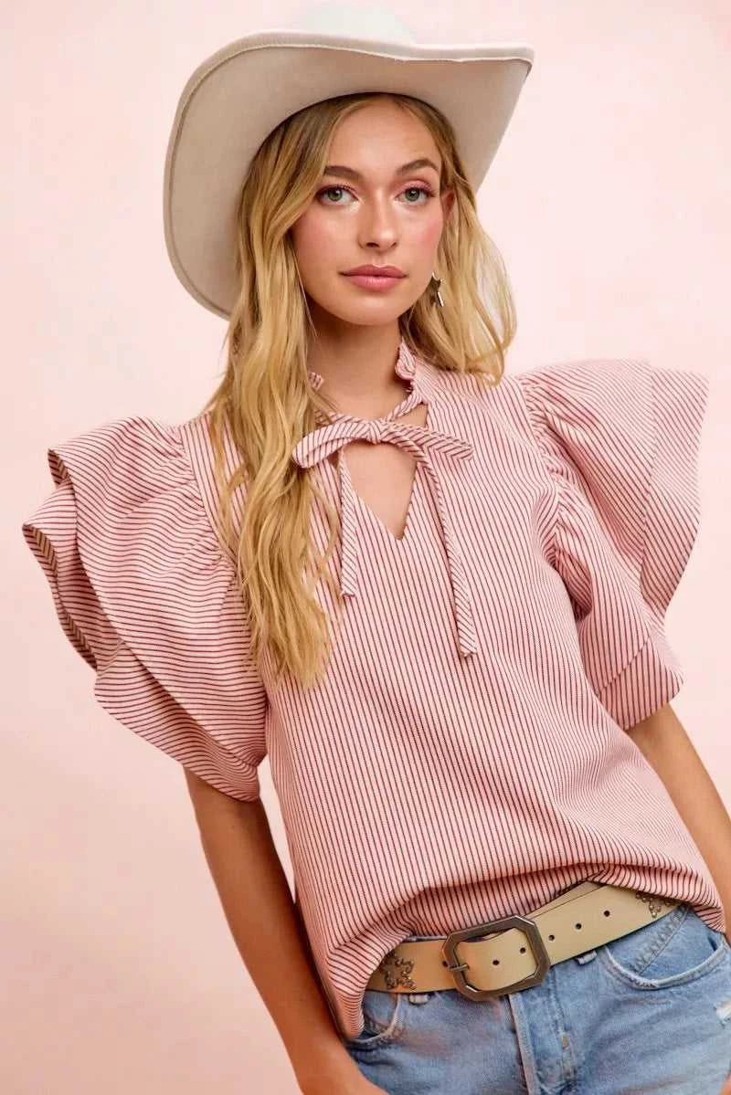 BiBi Twill Striped Ruffle Sleeve Blouse 100100858691223 51 Affordable Fashion Under $100 Jerry's Apparel 