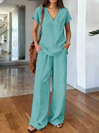 Full Size V-Neck Short Sleeve Top and Pants Set Plus Size 100100910451013 35 Affordable Fashion Under $100 Jerry's Apparel 