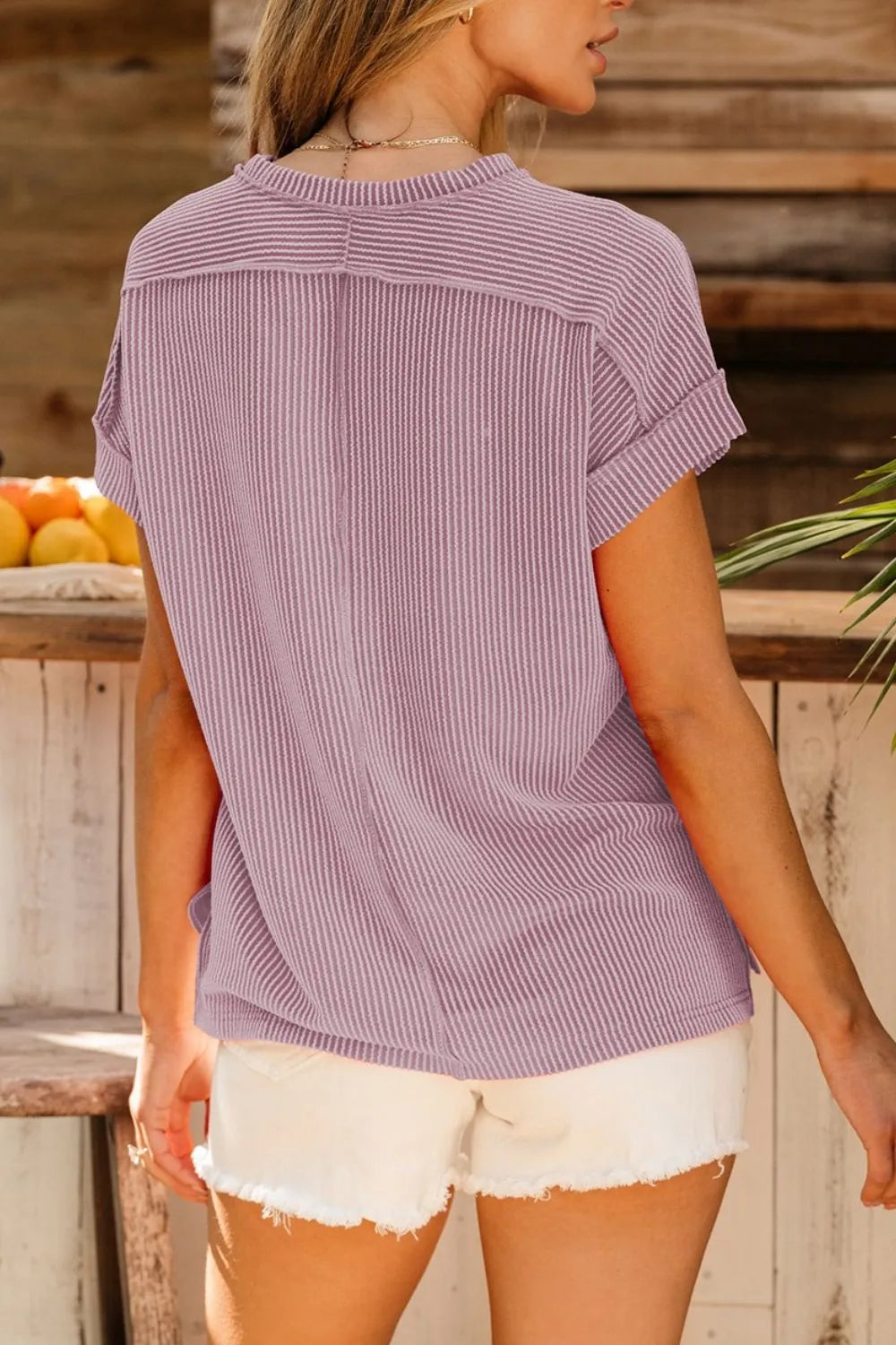 Casual Ribbed Short Sleeve Round Neck T-Shirt