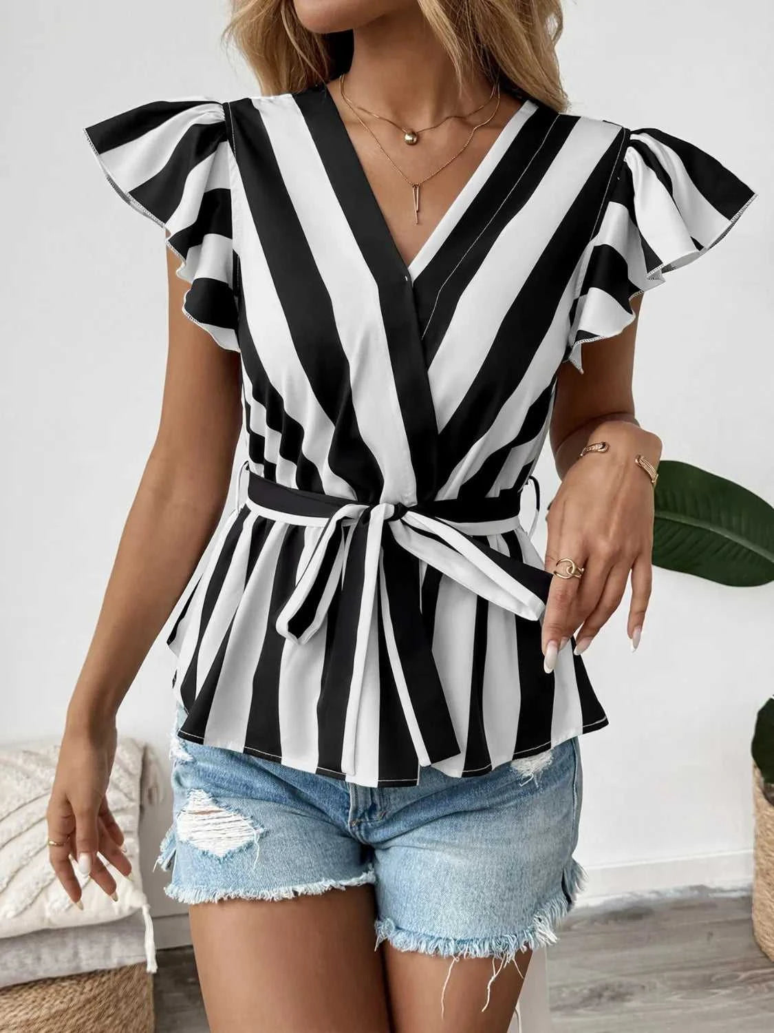 Striped Surplice Flutter Sleeve Wrap Blouse 100100743591516 27 Affordable Fashion Under $100 Jerry's Apparel 