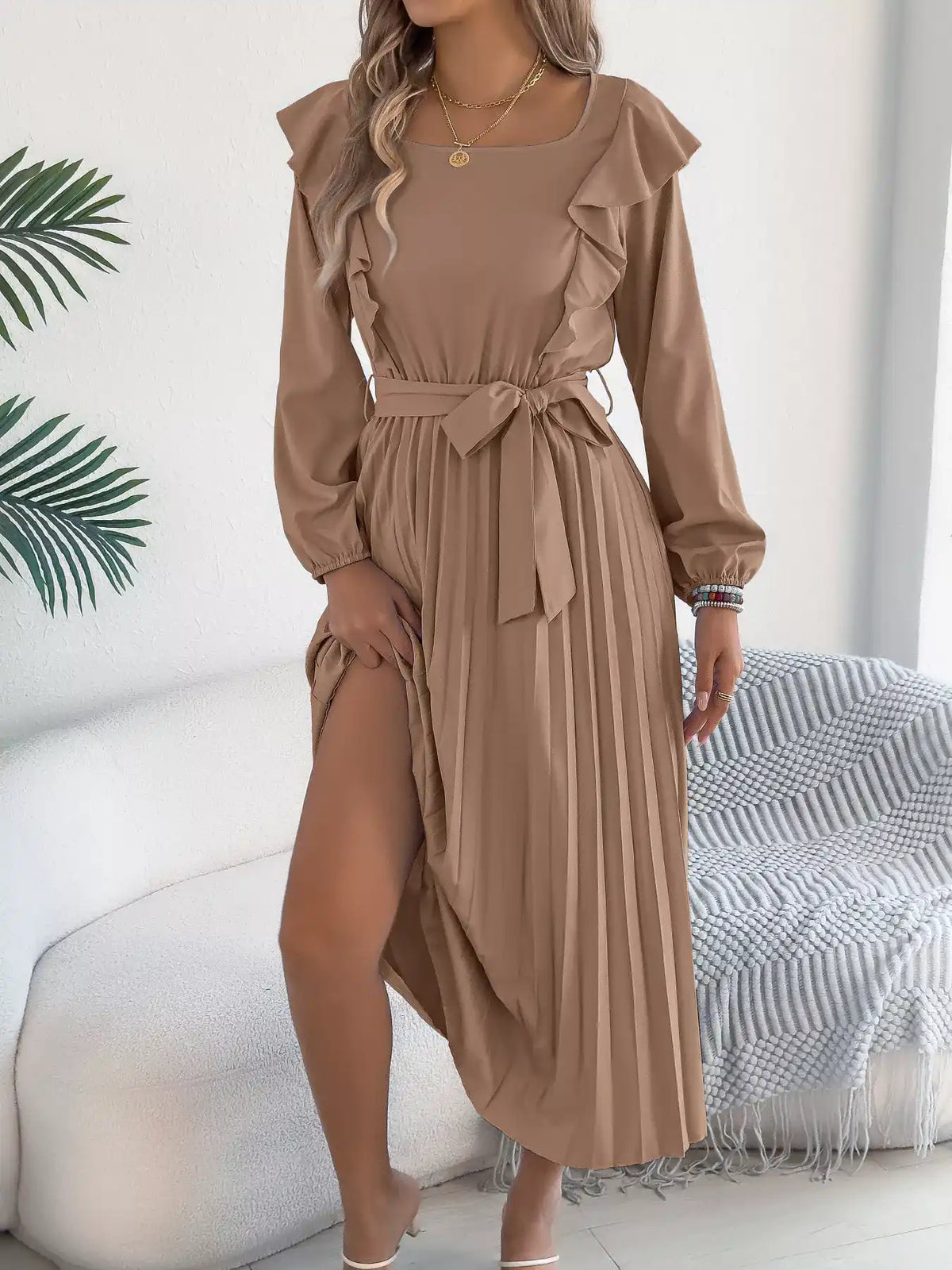 Ruffled Pleated Midi Dress with Waist Tie 101001197851740 44 Affordable Fashion Under $100 Jerry's Apparel 