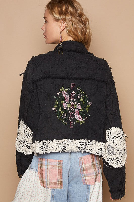 POL Crochet Patch Embroidered Button Up Jacket