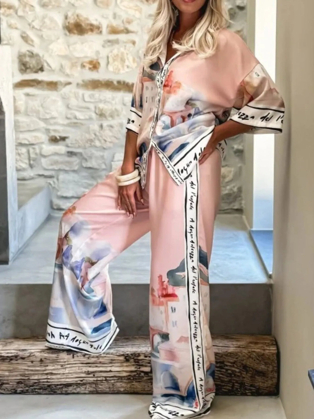 Printed Button Up Top and Pants Set