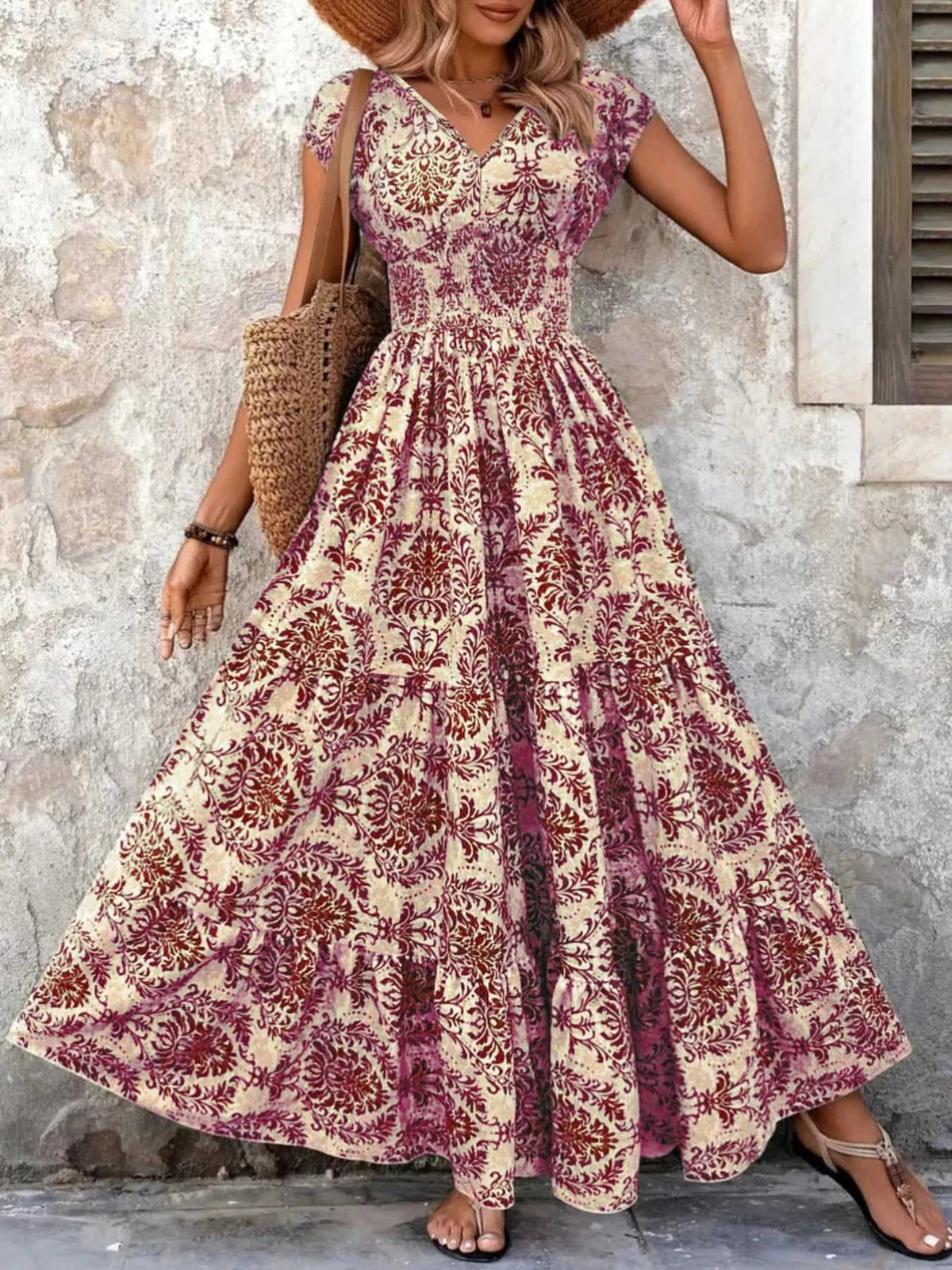 Full Size Printed V-Neck Tiered Maxi Dress Plus Size 100100096069770 30 Affordable Fashion Under $100 Jerry's Apparel 
