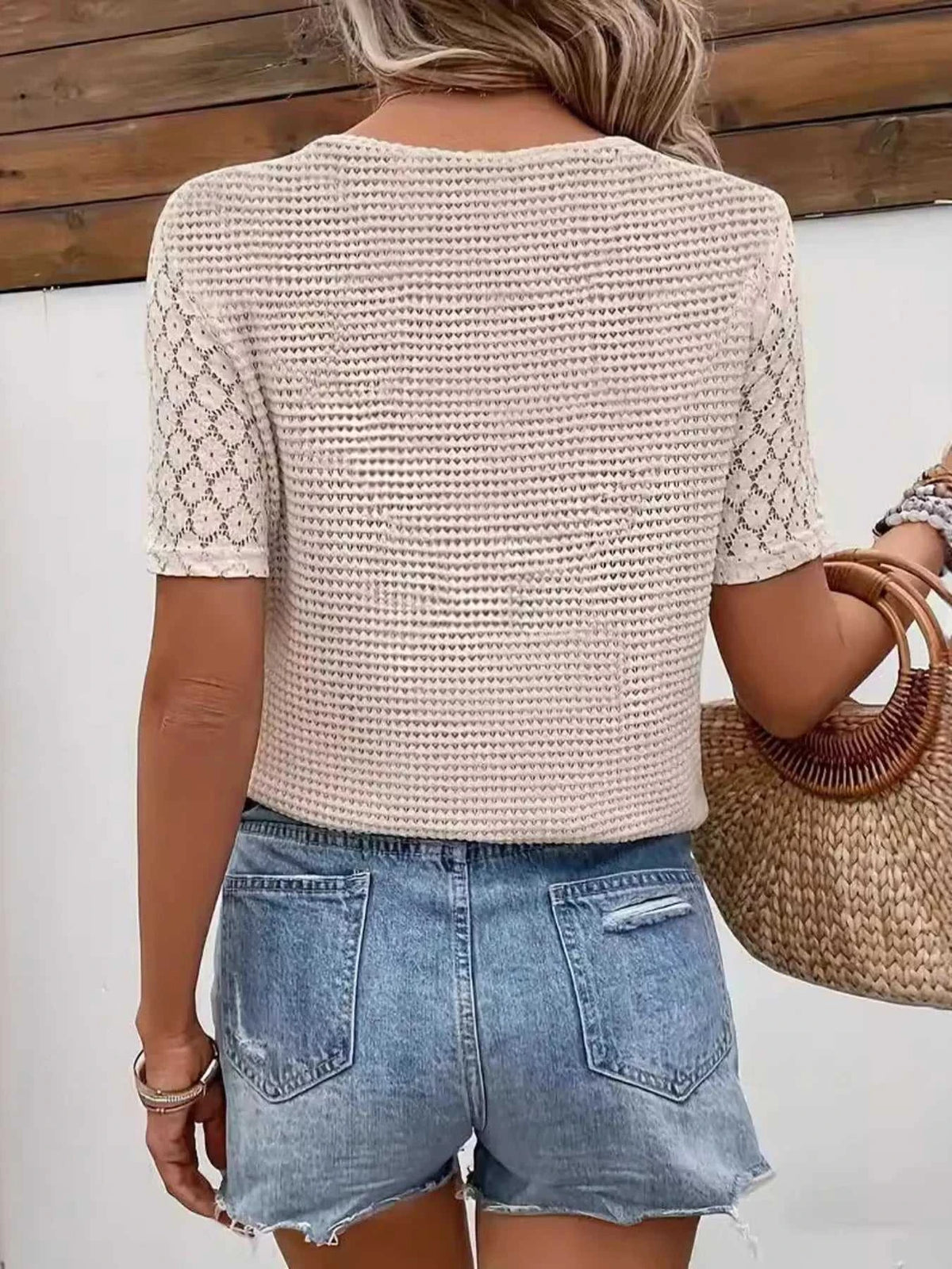 Lace Sleeve V-neck Waffle Knit Top 100100306230624 24 Affordable Fashion Under $100 Jerry's Apparel 