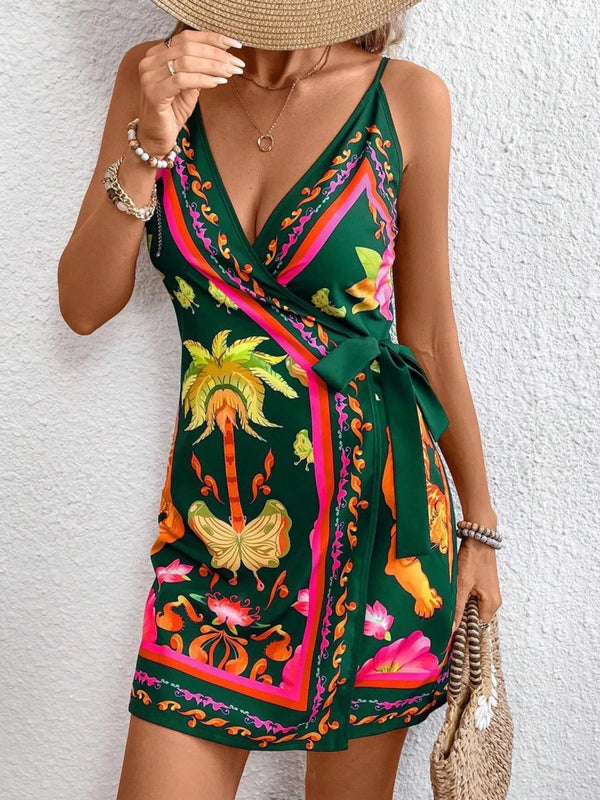 Floral Print Spaghetti Strap Wrap Mini Dress