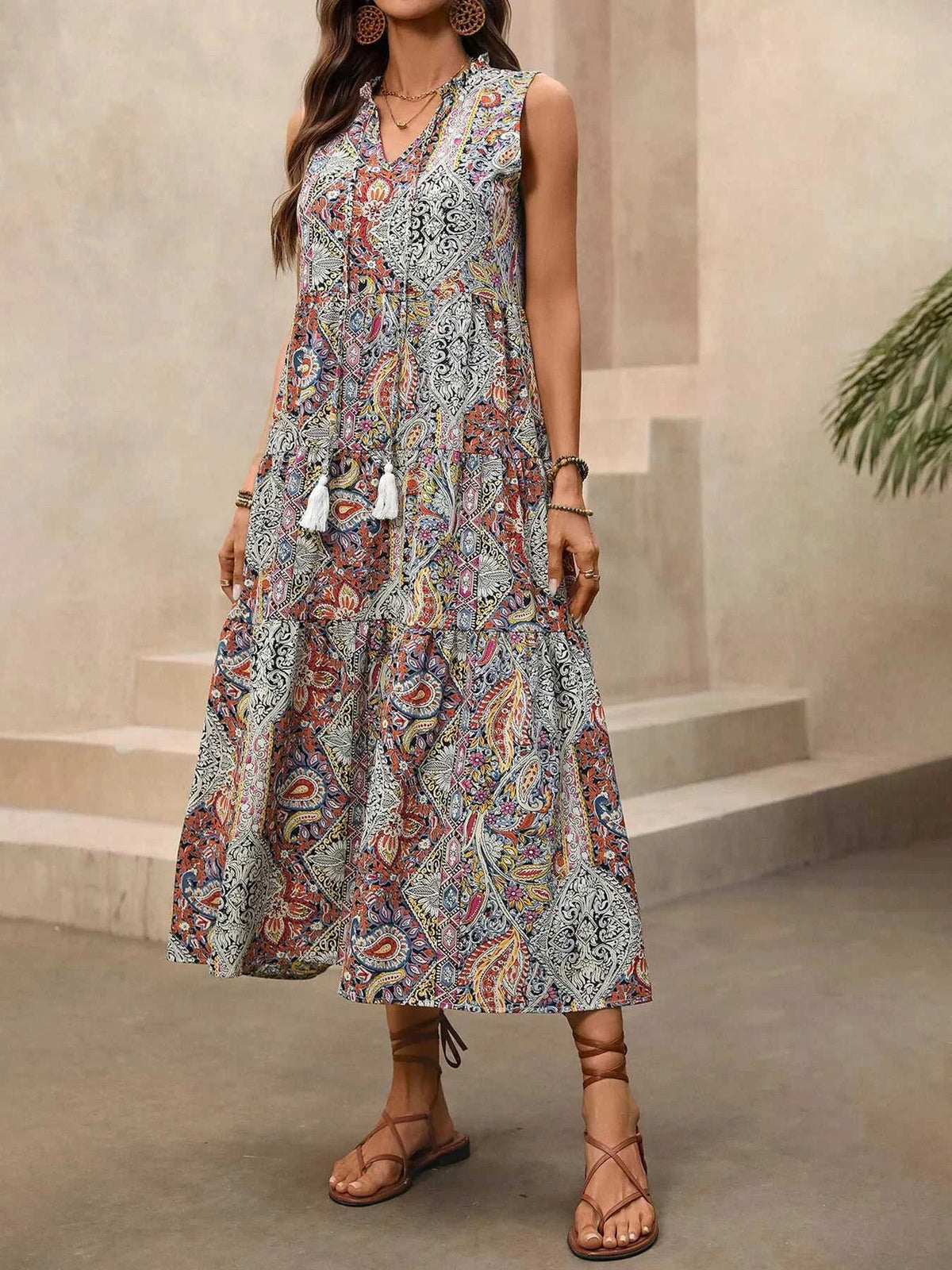 Paisley Print Tie Neck Sleeveless Midi Dress 100100431959174 36 Affordable Fashion Under $100 Jerry's Apparel 