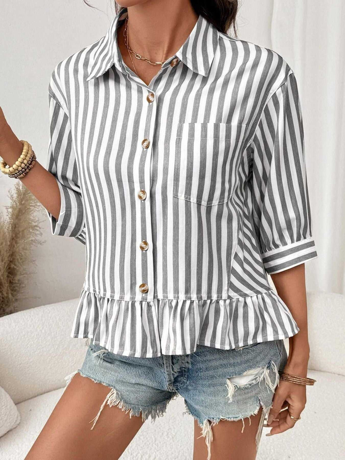 Striped Ruffle Hem Button-Down Shirt 100100634757459 44 Affordable Fashion Under $100 Jerry's Apparel 