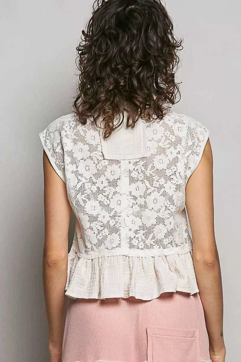 POL Round Neck Lace Sleeveless Top with Double Gauze Ruffle 100100568511399 64 Affordable Fashion Under $100 Jerry's Apparel 