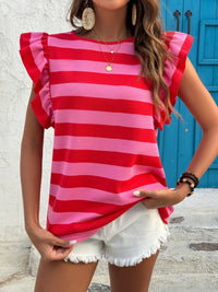 Contrast Striped Ruffle Sleeve T-Shirt