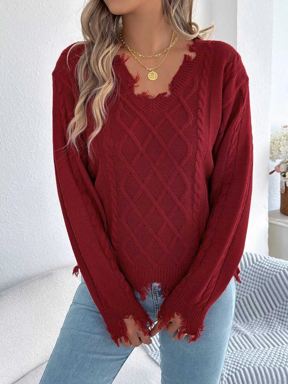 V-Neck Distressed Hem Cable Knit Sweater 101002745879602 36 Affordable Fashion Under $100 Jerry's Apparel 