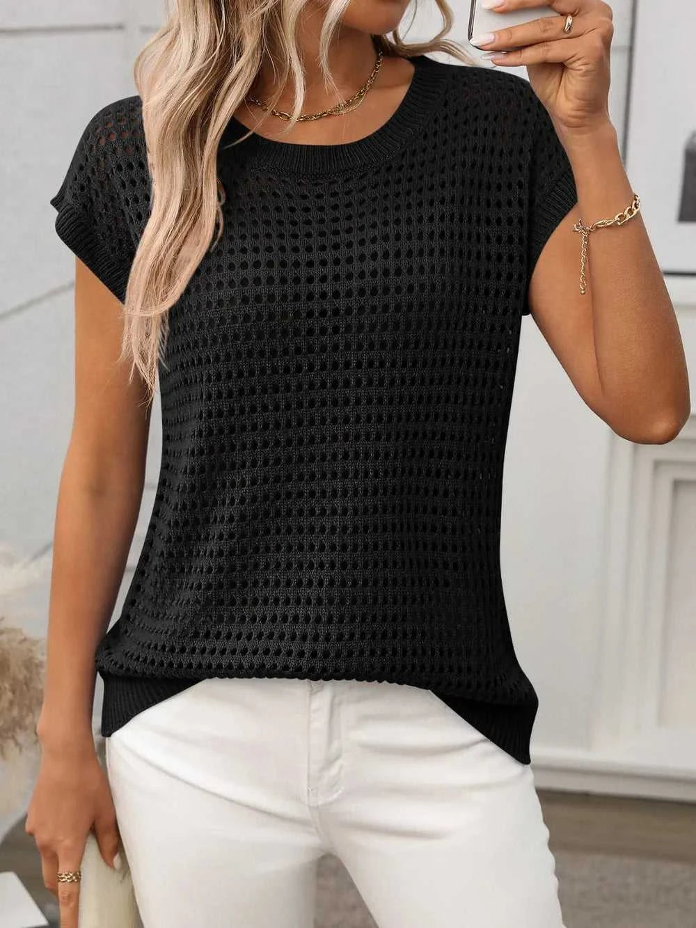 Openwork Round Neck Short Sleeve Knit Cover Up 100100244781953 22 Affordable Fashion Under $100 Jerry's Apparel 
