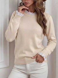 Elegant Lace Trim Round Neck Sweater 100100201428003 44 Affordable Fashion Under $100 Jerry's Apparel 