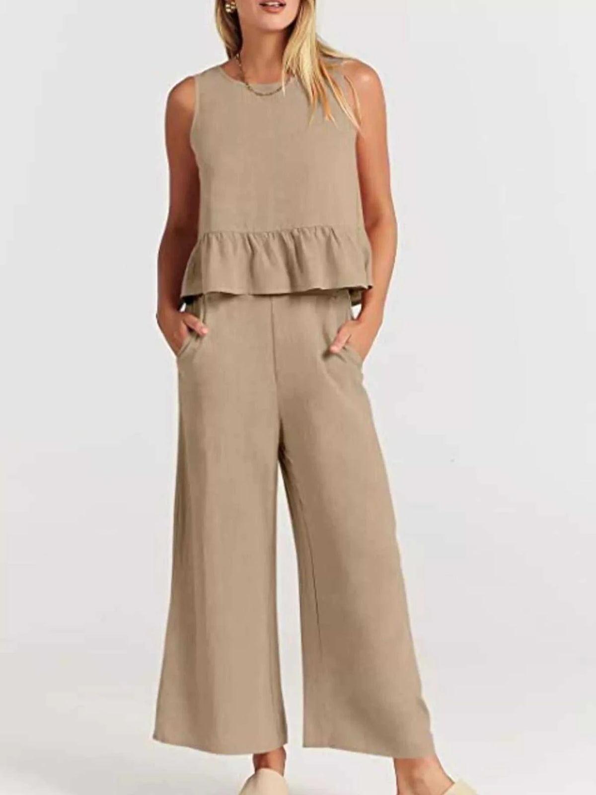 Full Size Ruffled Hem Sleeveless Top and Wide-Leg Pants Set Plus Size 100100048319818 31 Affordable Fashion Under $100 Jerry's Apparel 