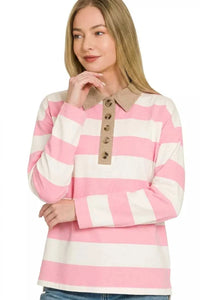Zenana Striped Contrast Collar Polo Top 100100390151727 33 Affordable Fashion Under $100 Jerry's Apparel 